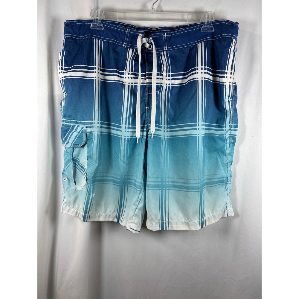 Arizona Jean Co Mens XXL Blue Ombre Plaid Board Shorts Swim Trunks Mesh Lined